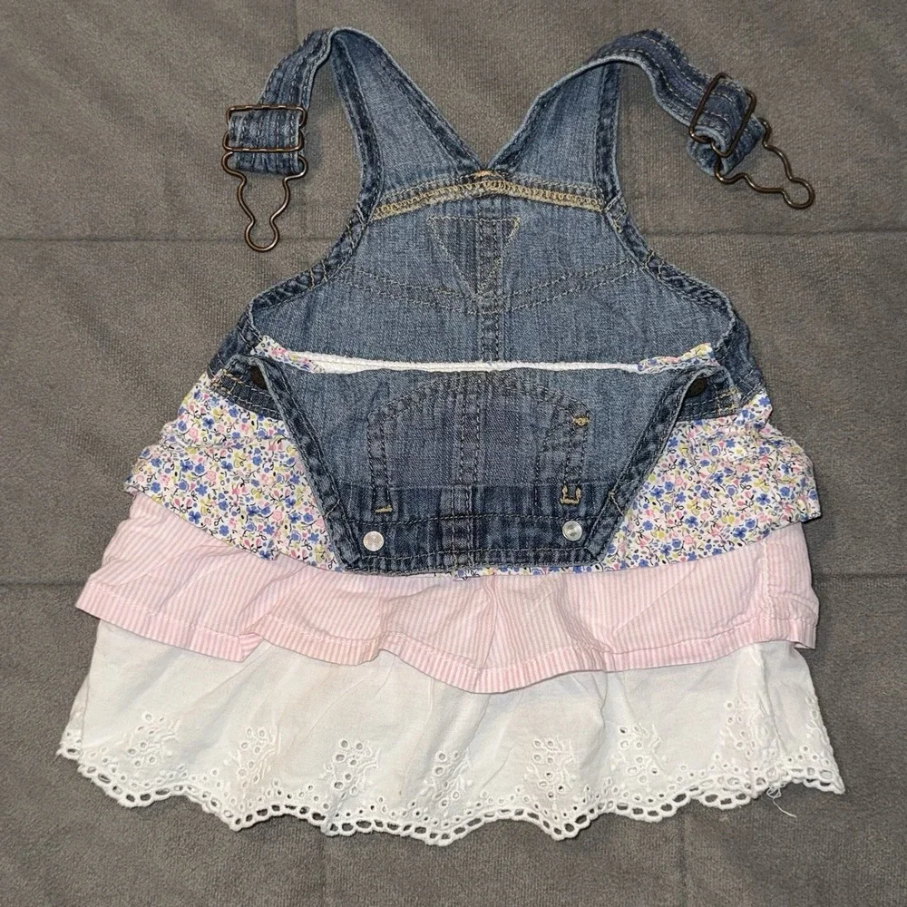 OshKosh B'Gosh Denim VestBak Overall Dress 6 Mon Ruffled Tiers Skirt Pink Floral